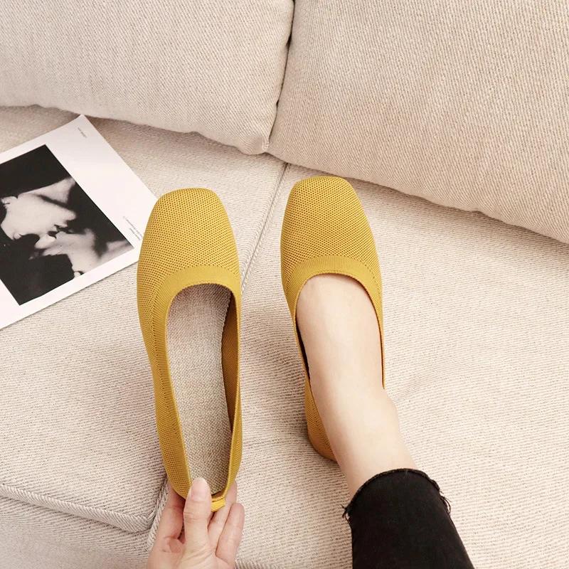 Shoes of Women Fashion Knitted Mesh Breathable Ladies Loafers Comfort Square Toe Casual Flats Zapatos De Mujer 2024