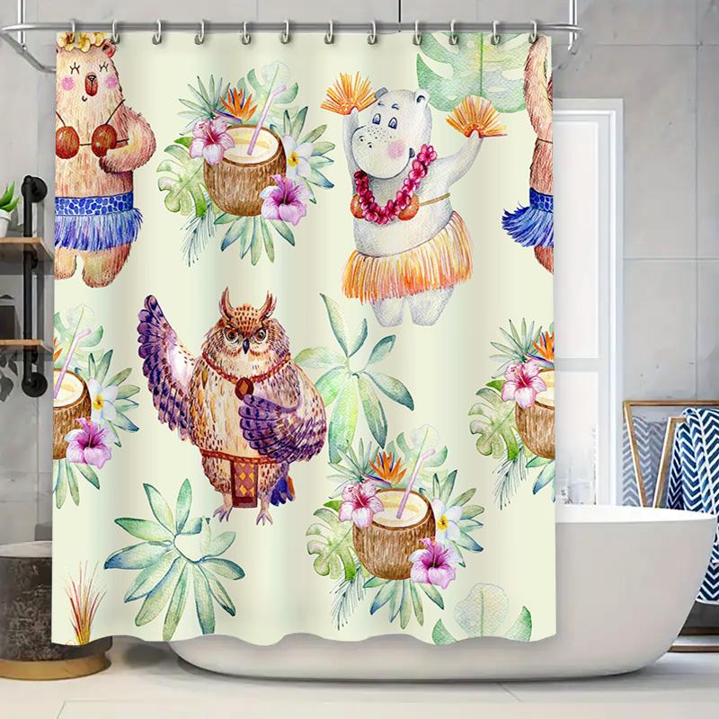 Exotic Animal Print Shower Curtain Watercolor Art Decorative Bathroom Decor Pink Purple White Green Leaves Perfect for Kids Bath