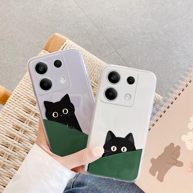 Милый черный кот мягкий прозрачный силиконовый чехол для Xiaomi Redmi Note 13 14T 15 Samsung A55 A35 S24 iPhone 15 Huawei Honor Camera защитный противоударный чехол