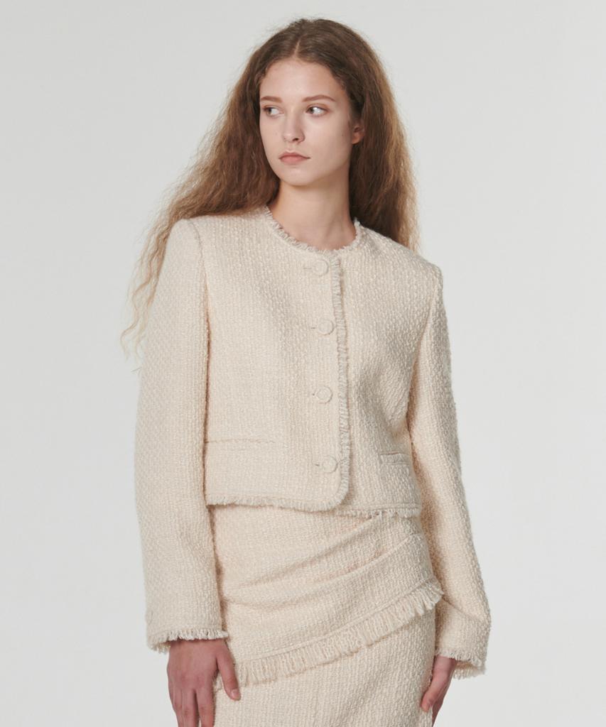 Outshell Fringed Wool Tweed Jacket Cream