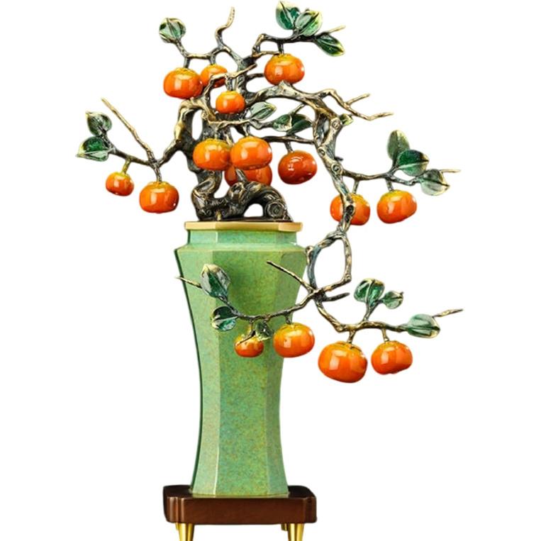 Exquisite Copper "Persimmon with Natural Lacquer Finish" Statue (GREEN) | New Chinese Style Feng Shui Decor for Wealth & Harmony, Perfect Home or
