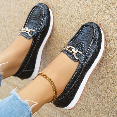 Модные металлические туфли-лодочки на плоской подошве с цепочкой для женщин, платформа из искусственной кожи, летние 2025, большого размера, на толстой подошве, нескользящие, обувь для униформы