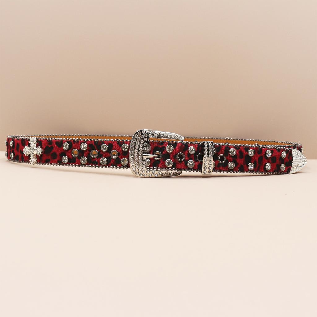Cross Belt Leopard Print Western Rhinestone Belt Personalized Denim Woman Rivet Jeans Belt