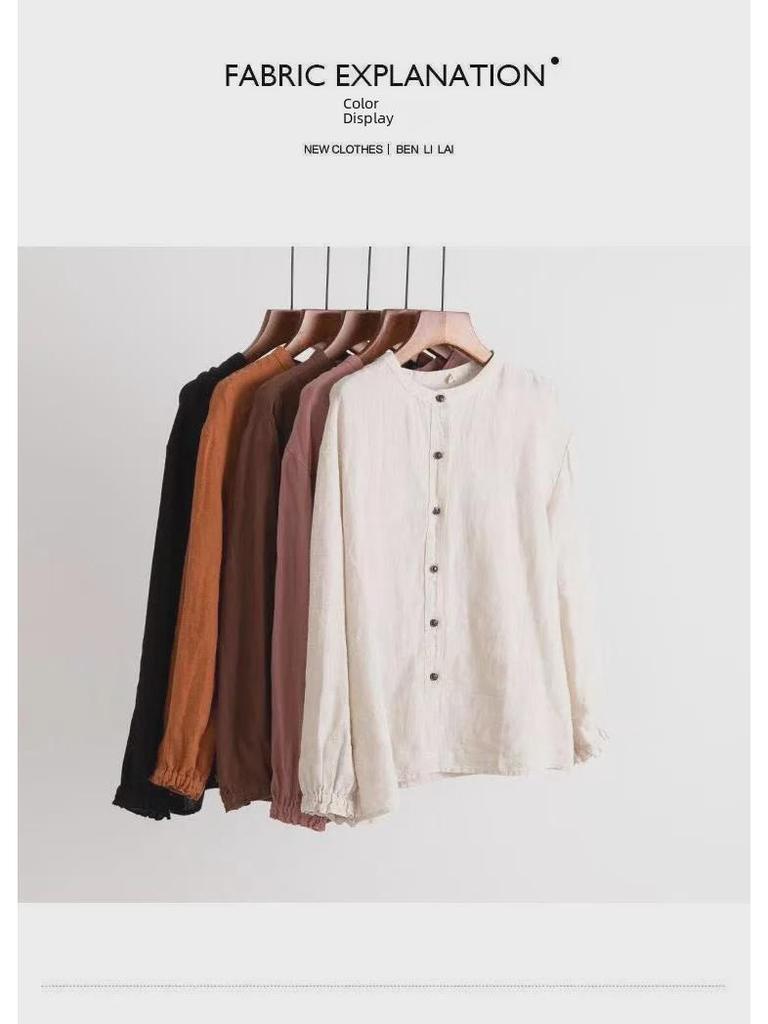 Ретро 2024 Весна/Осень женская рубашка из хлопка и льна свободного кроя с круглым вырезом и закрытыми рукавами