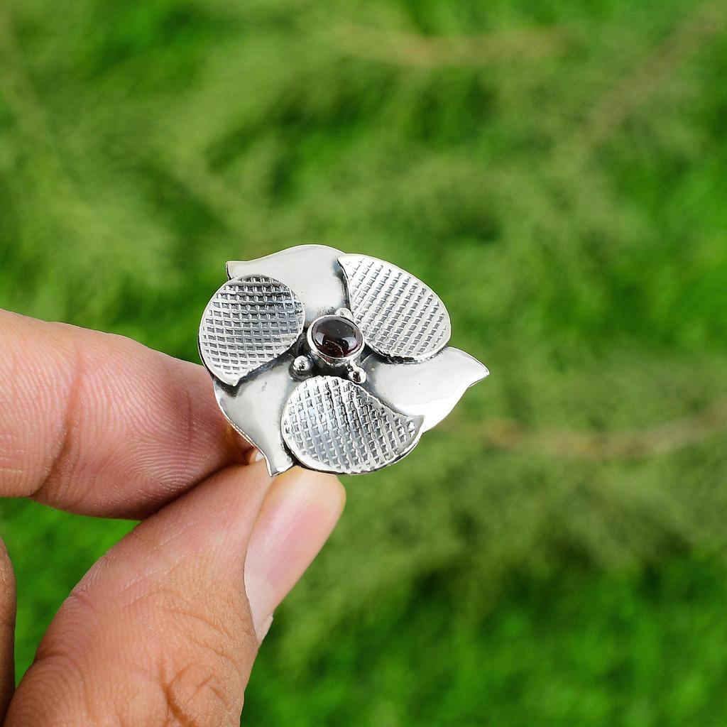 Gift For Her 925 Silver Natural Tourmaline Promise Flower Adjustable Ring