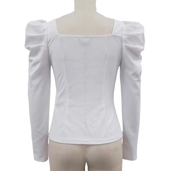 Женские топы с квадратным воротником, пышная футболка с длинным рукавом, цветочный декор, сплошной цвет, приталенная футболка