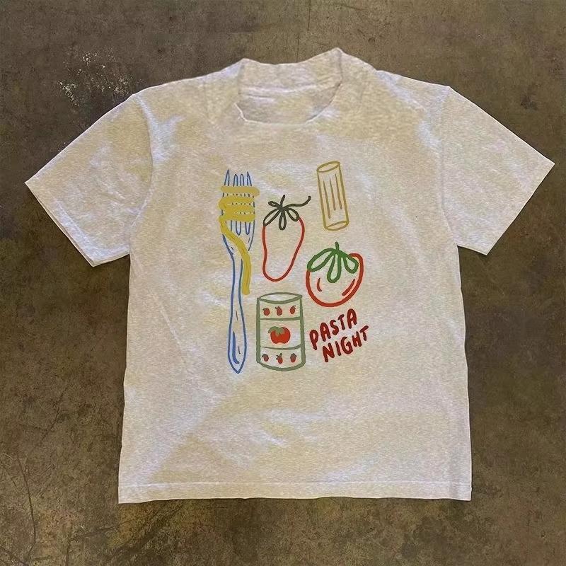 women T-shirt Ample À Manches Courtes Et Col Rond Pour Hommes Et Femmes, Imprimé Dessin Animé Américain Rétro D'été, Pur Coton