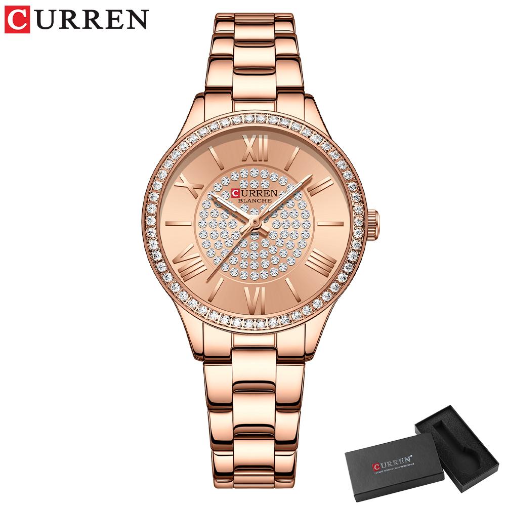 CURREN Elegant Women's Watch: Rose Gold Timepiece Adorned with Sparkling Crystals for Timeless Style+Box