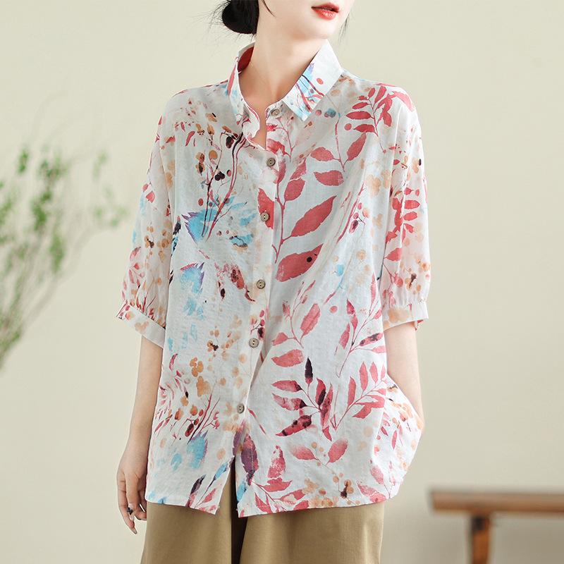 Летняя тонкая хлопковая льняная рубашка, винтажные шикарные свободные повседневные рубашки с рукавами три четверти, женские топы на пуговицах с лацканами