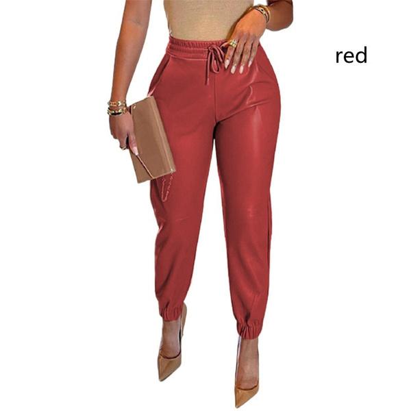 Брюки женские, новые однотонные брюки из искусственной кожи, повседневные брюки на шнуровке, S-XXXL