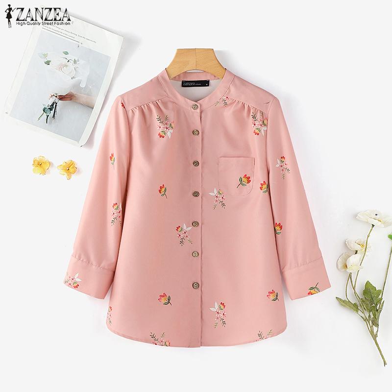 ZANZEA Женская повседневная блузка с круглым вырезом и рукавом 3/4 с цветочным принтом