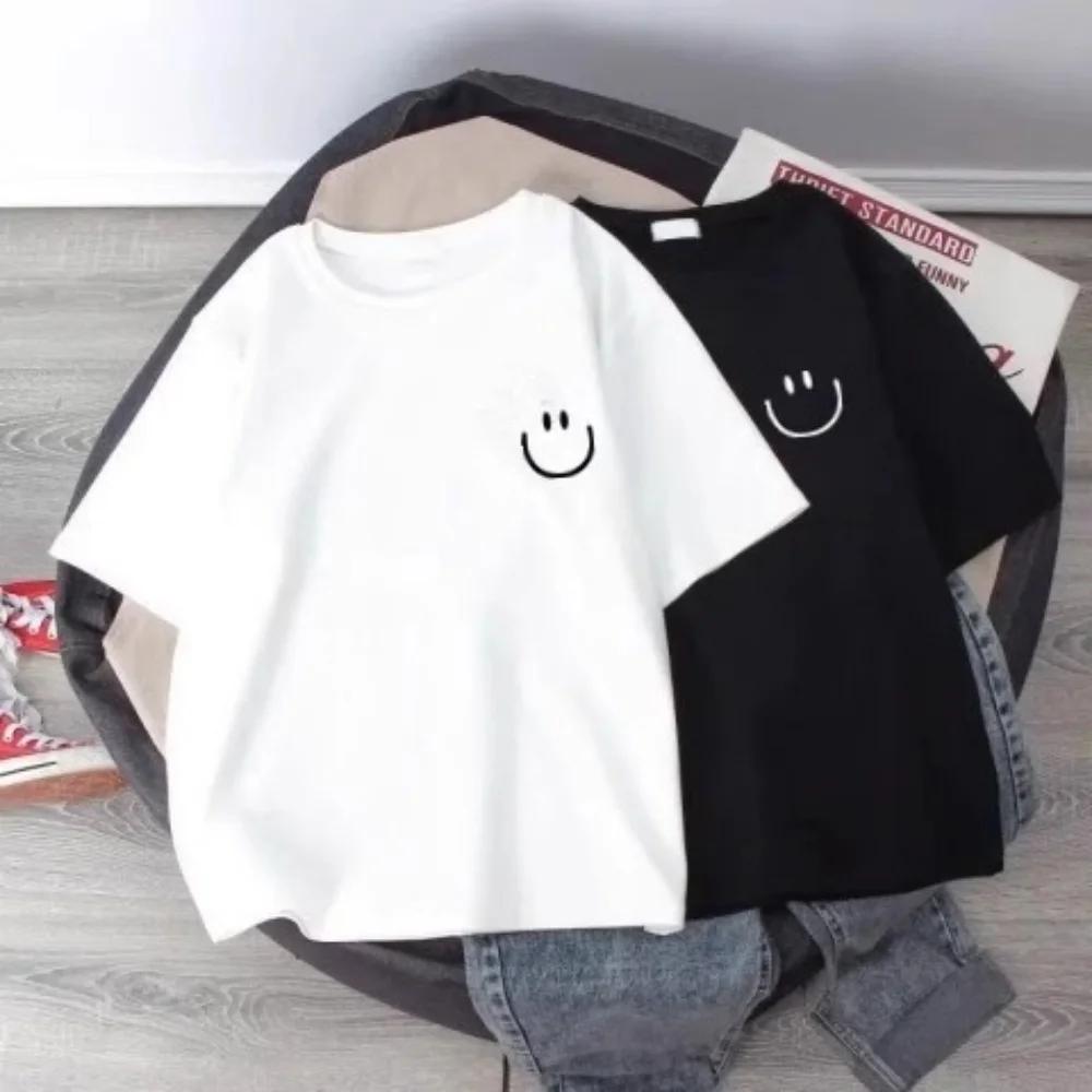Летняя детская футболка с принтом улыбающегося лица, шорты, короткий рукав, чистый хлопок, свободная, базовая, универсальная, прохладная, простая, для девочек, футболки, топы