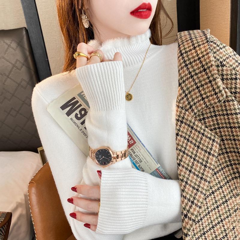 One-piece Fleece Sweater Women's Autumn and Winter New Fleece Thickened Bottoming Shirt with Warm Knitted Semi-turtleneck Top