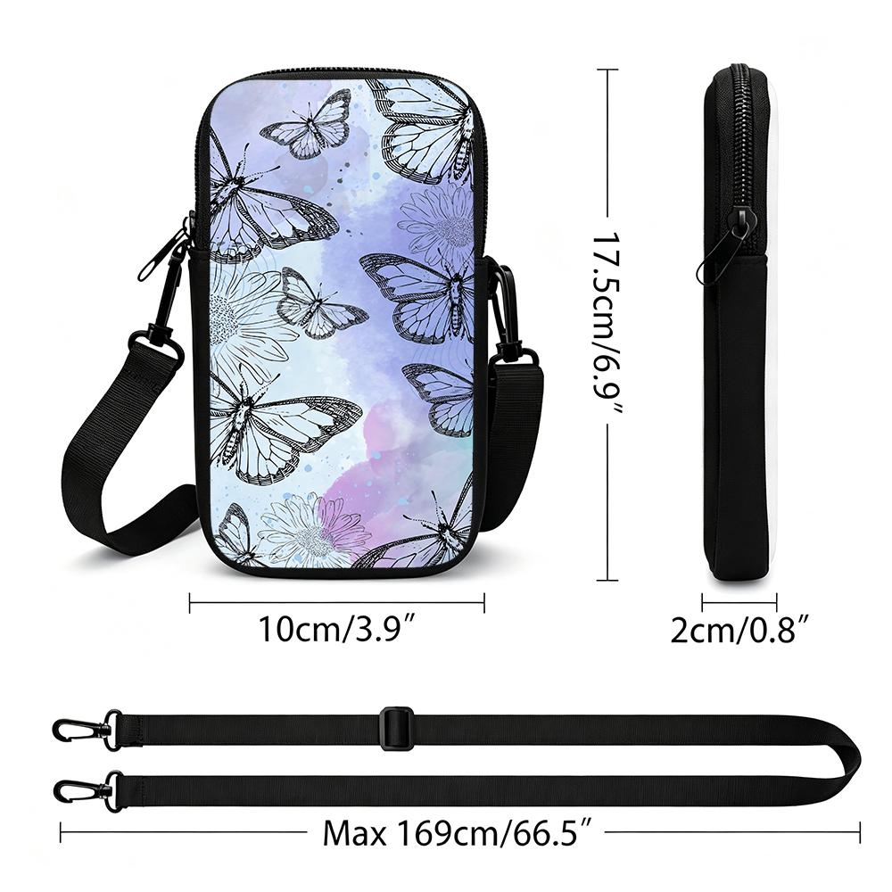 Watercolor Butterfly Floral Print Crossbody Phone Bag, Aesthetic Flower Pattern Mini Cell Phone Sling Pouch, Lightweight Shoulder Purse Gifts for Wome