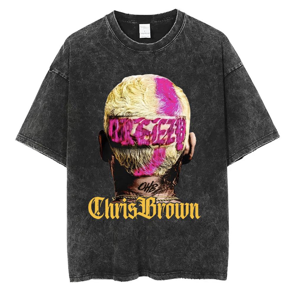 Washed Chris Brown Music Album Cover Print Tshirt Breezy Bowl XX Tour Merch T Shirts Men Women Hip Hop High Quality Tshirt