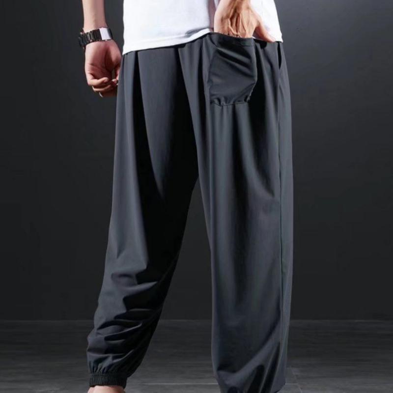 Летние большие спортивные брюки для мужчин, длинные брюки из ледяного шелка с добавлением жира и большие тонкие быстросохнущие повседневные брюки для мужчин