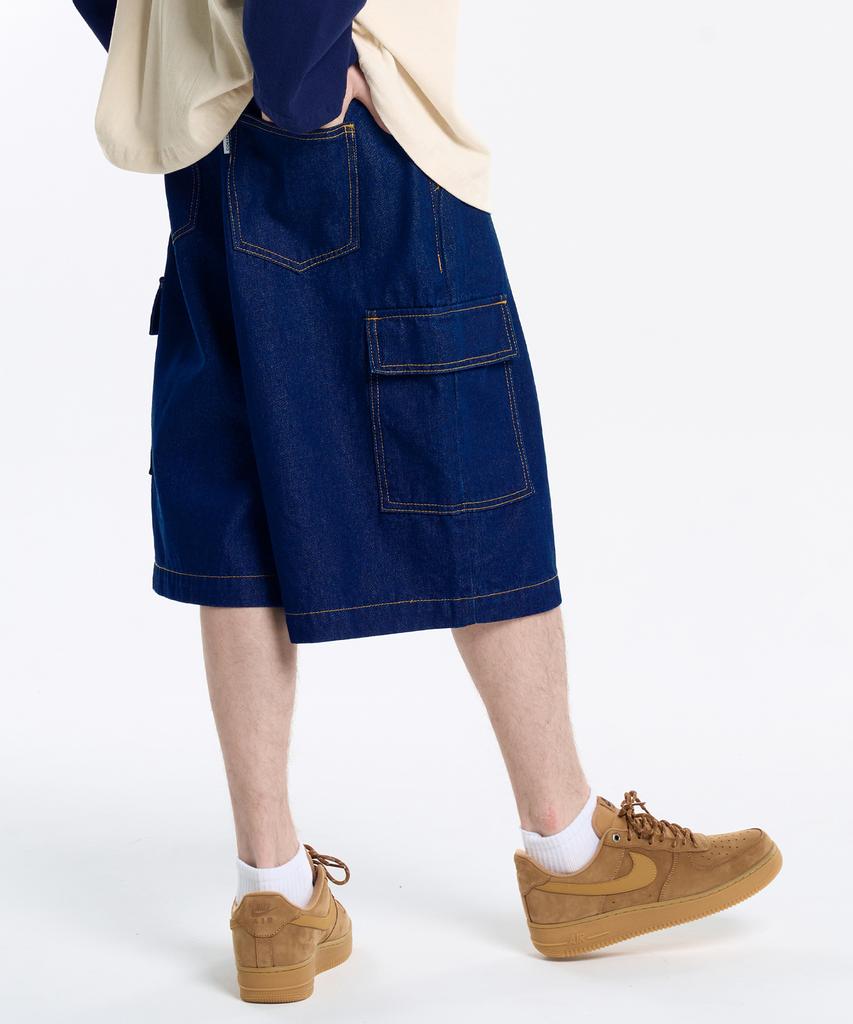 CONTROBANAL3 Raw Denim Wide Cargo Shorts [Indigo]