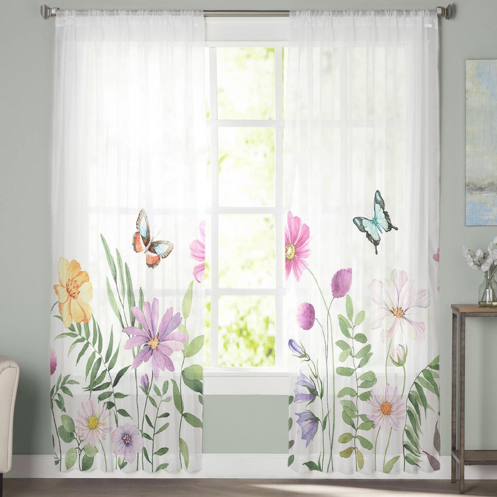 Spring Flower Butterfly Sheer Curtains For Living Room Bedroom Home Decor Kitchen Tulle For Windows Voile Drapes