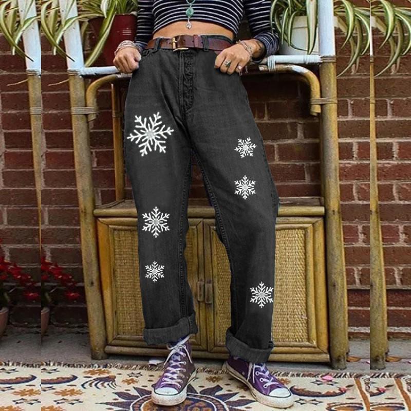 Christmas Snowflake Loose Wide Leg Full Length Jeans Women - Casual High Waist Denim Pants