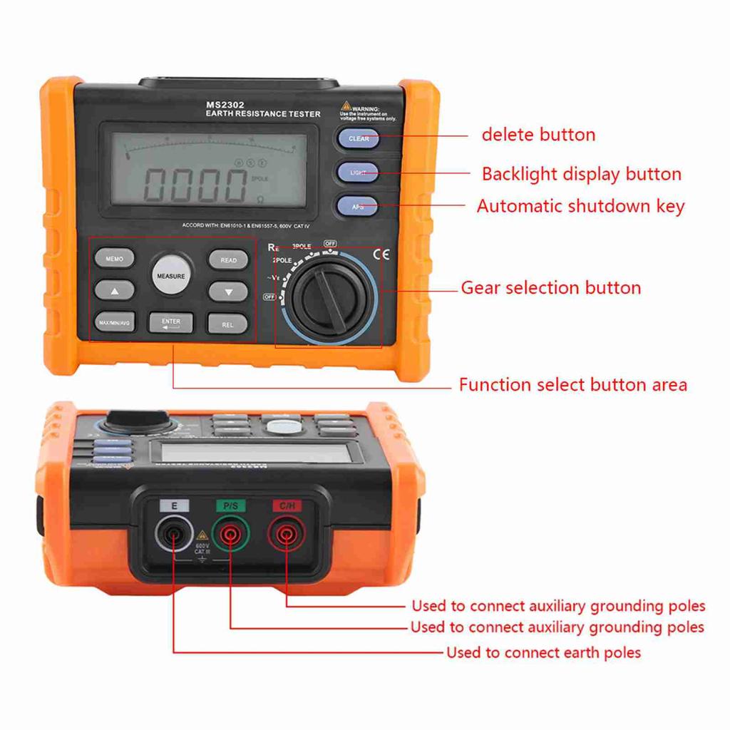 PEAKMETER MS2302 Digital Earth Resistance Tester 0 4K Ohm 100 Groups Data Logging