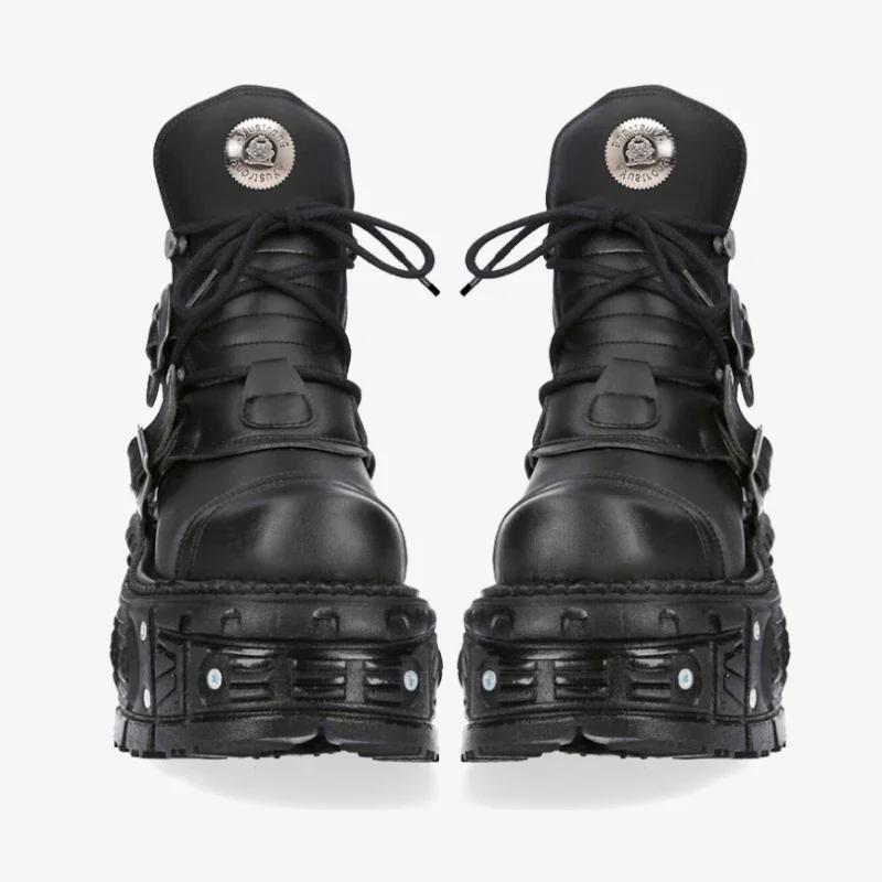 2025 Новые Ботинки Панк из Натуральной Кожи на Танкетке Короткие Ботинки Толстая Подошва Пряжка Шнуровка Уличные Мотоботы