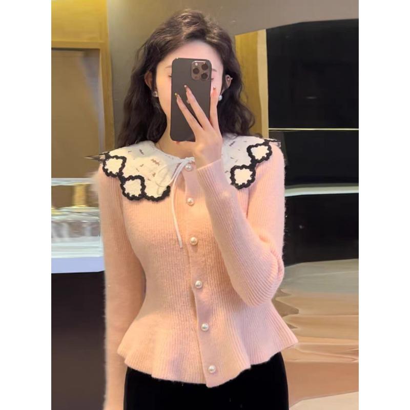 Spring and Autumn Lace Doll Collar Bright Silk Soft Waxy Knitted Cardigan Women's Waist Sweater Women's Top Cover