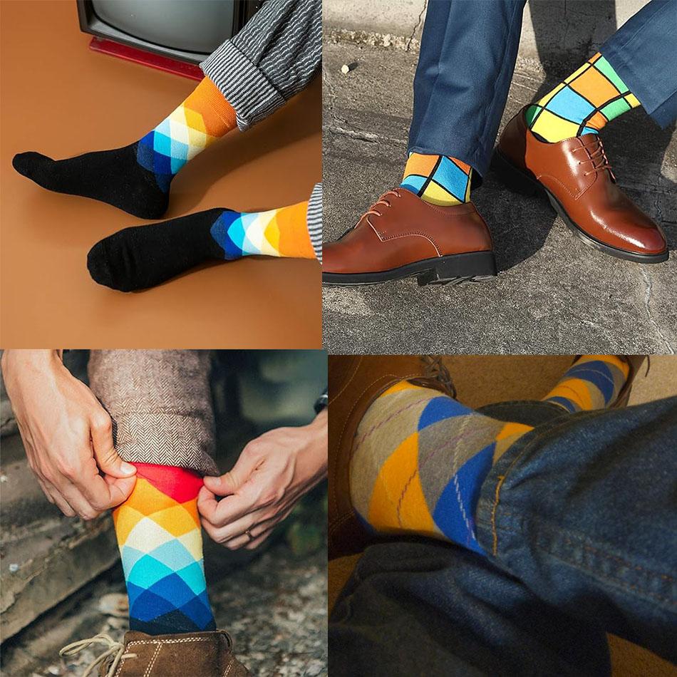 Мужские носки из гребенного хлопка, повседневные, модные, хлопковые, забавные, длинные, контрастные, с радужными полосками