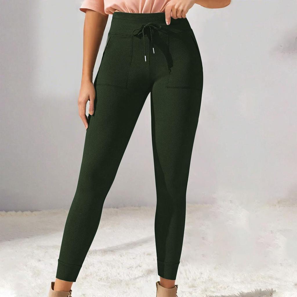 Женские однотонные повседневные брюки с высокой талией и шнуровкой, эластичные облегающие длинные брюки для бега и фитнеса