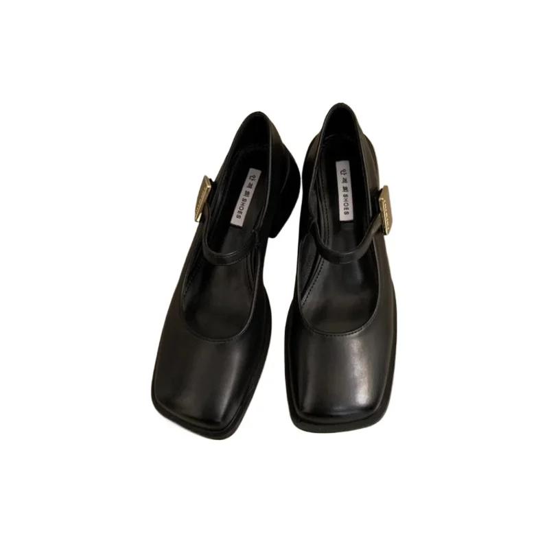 Autumn Casual Women Fashion Square Toe Close Toe Ankel Strap Mules Ladies Elegant Mary Jane Ballet Shoes Mid Heel Dress Pumps