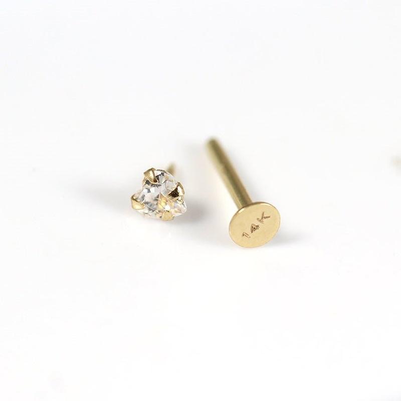 KODY PIERCING 14k Yellow Gold Gemstone Jewel Internal Lip Labret In Hollow Cubic Zirconia Heart-shaped 3mm Set by 4 Prongs - Quality Piercing