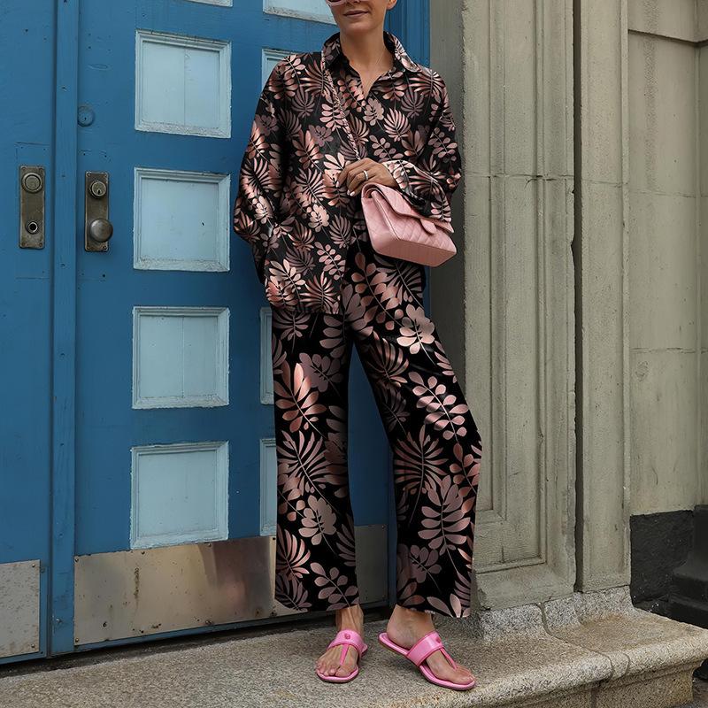 Женский комплект: рубашка и брюки с широкими штанинами, зеленый геометрический принт