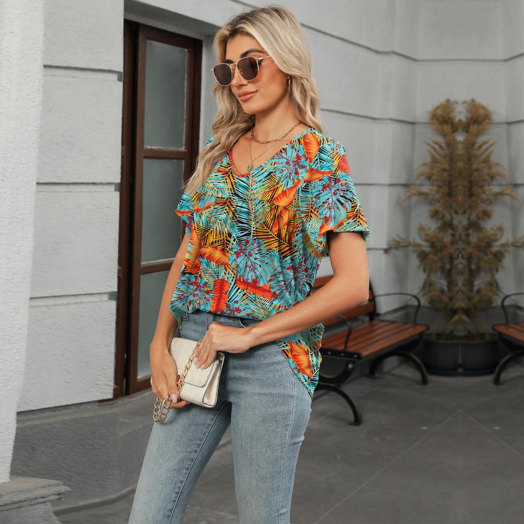 Women Boho Floral Leaf Geometric Print V Neck Tunic Top, Short Sleeve Front Pleated Flowy Hem Loose Fit Casual Daily Blouse