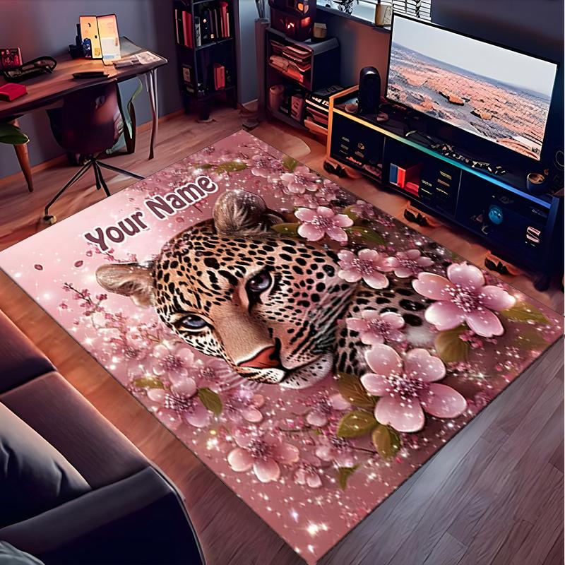 1PC Custom Name Leopard Cherry Blossoms Theme Floor Mat Ideal for Living Room, Game Rooms, Office, Bedroom, Office Floor Mat , Floor Mats for Home