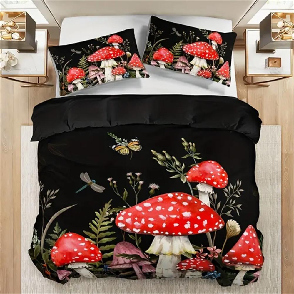 3-Piece Queen Size Red Mushroom Print Duvet Cover Set - Soft, Breathable, and Comfortable Polyester Bedding with Abstract