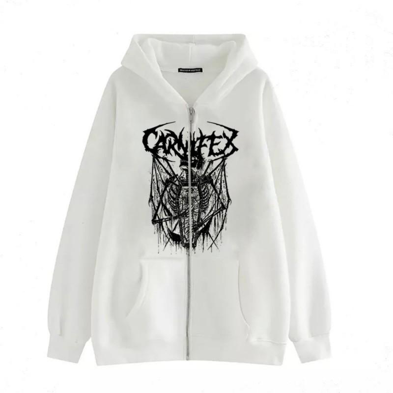 Gothic Dark Hooded Sweatshirt Zip Up Loose Fit Hip Hop Style Young Unisex