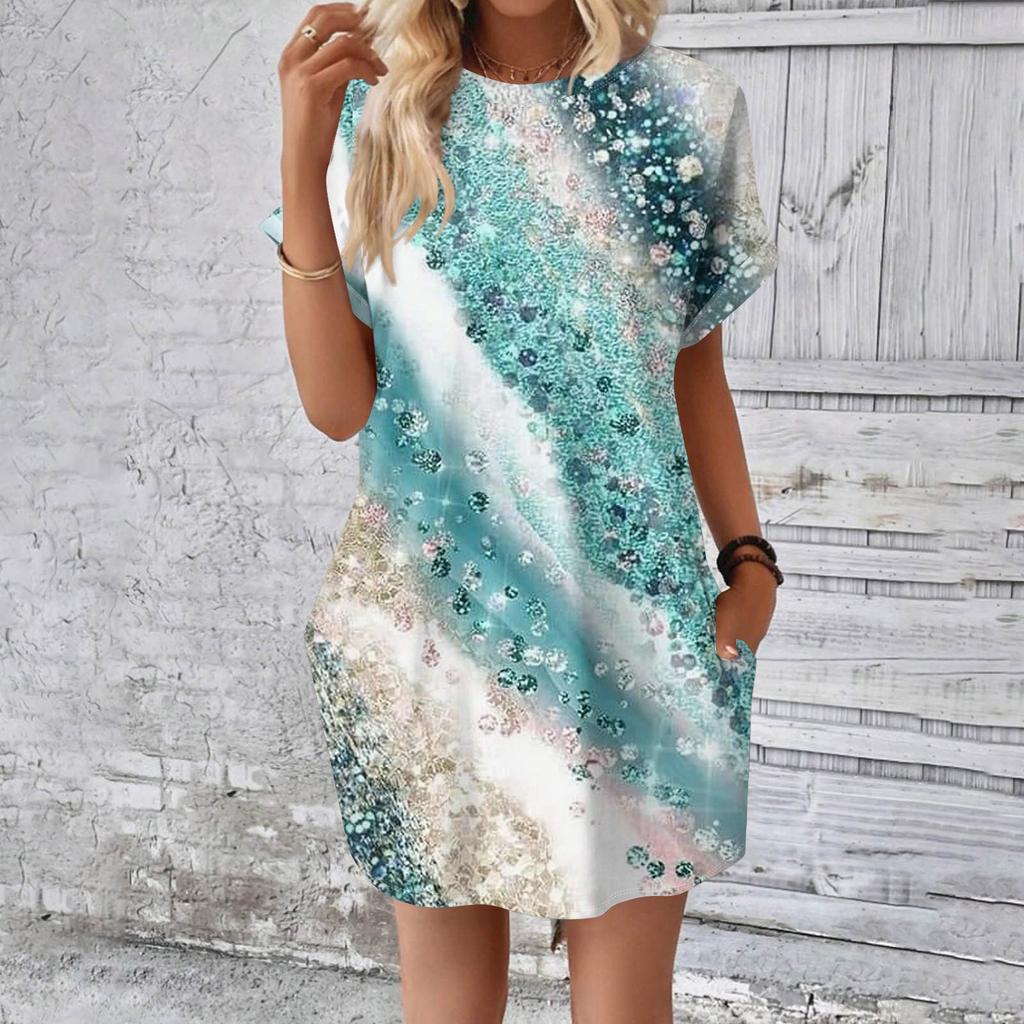 Женское модное летнее свободное платье-футболка средней длины с принтом и короткими рукавами