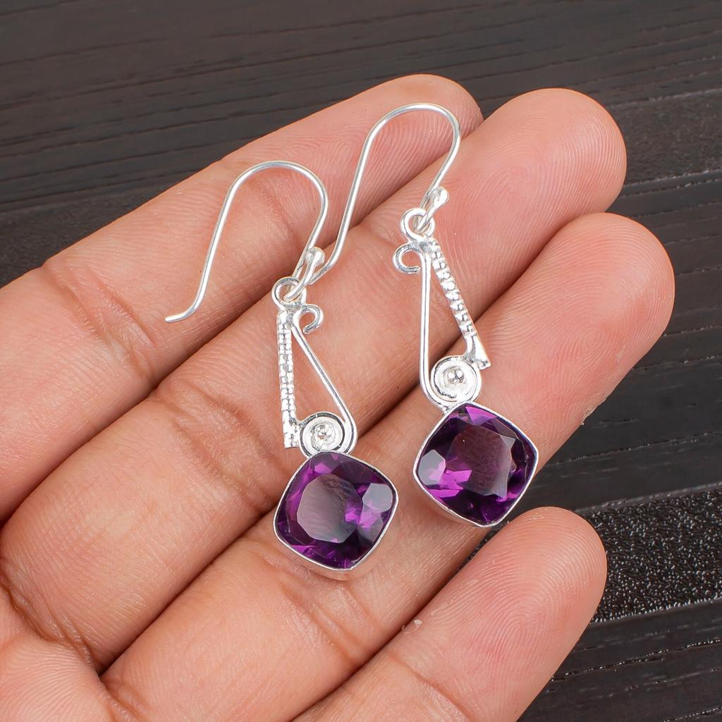 Natural Amethyst Gemstone 925 Sterling Silver Jewelry Handmade Earrings 1.90" EE-46-7