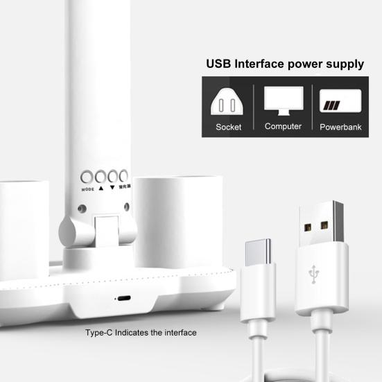 3-в-1 светодиодная настольная лампа с охлаждающим вентилятором, держателем для ручек, дизайном без мерцания, регулируемой яркостью, сенсорным управлением, многоугловым вращением, офисная настольная лампа