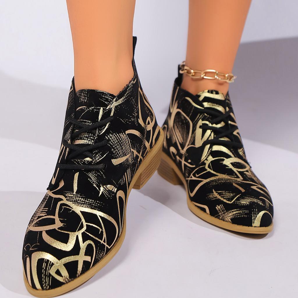 Мода Модные полосатые ботильоны с граффити для женщин 2024 года, новые короткие ботинки на шнуровке и толстом каблуке для женщин, осень-зима, принт Botas Muejr