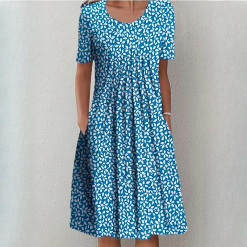 Женская мода лето весна однотонный принт с коротким рукавом и круглым вырезом с высокой талией повседневные платья
