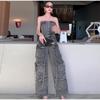 High Street Denim Jumpsuit Women Patchwork Strapless Single Breasted Pockets Wide Leg Jumpsuits 2025 Spring Summer Lady New Solid Color Jumpsuit