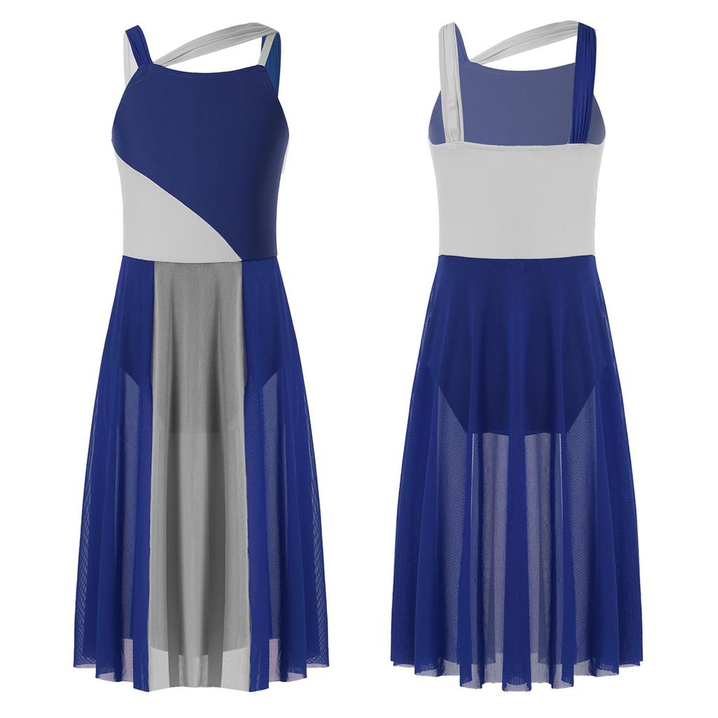 Детские шифоновые лирические танцевальные костюмы без рукавов для девочек, платье-купальник с цветными блоками, современные платья