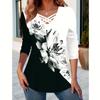 Women's Autumn and Winter Long Sleeve Cross Collar Printed T-shirt