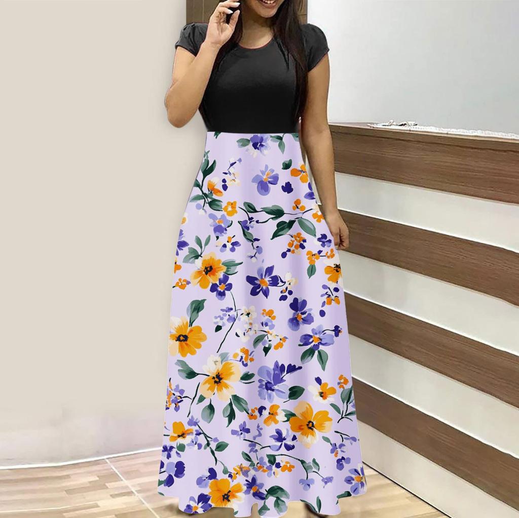 Женская мода повседневные свободные принтованные платья с круглым вырезом и коротким рукавом длинные платья с коротким рукавом длинные платья