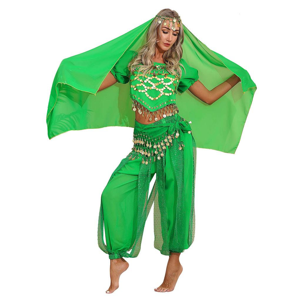 Женский наряд для танца живота, карнавальный костюм на Хэллоуин, укороченный топ с короткими рукавами и пайетками, шаровары, набедренный платок, головной платок
