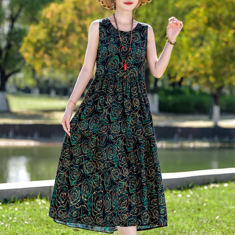 Плюс Размер Элегантное Женское Летнее Платье Повседневное Свободное Длинное Платье Без Рукавов Женская Винтажная Одежда