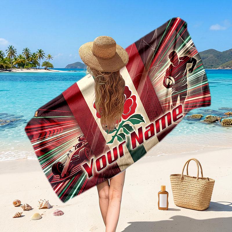 England Rugby Customized Name Text Beach Towel, Soft Absorbent Towel Beach Pool Travel Personal Gift