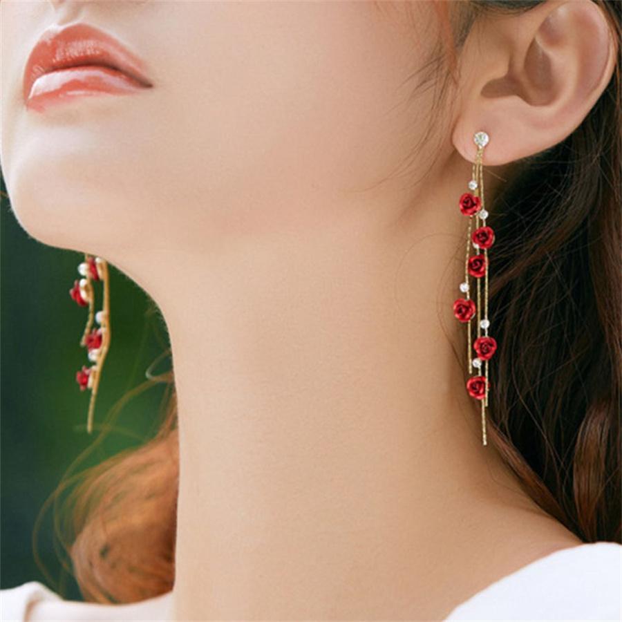 New Fashion Red Purple Rose Flower Dangle Earrings Delicate Rose Flowers Earrings For Women Weddings Engagement Party Jewelry
