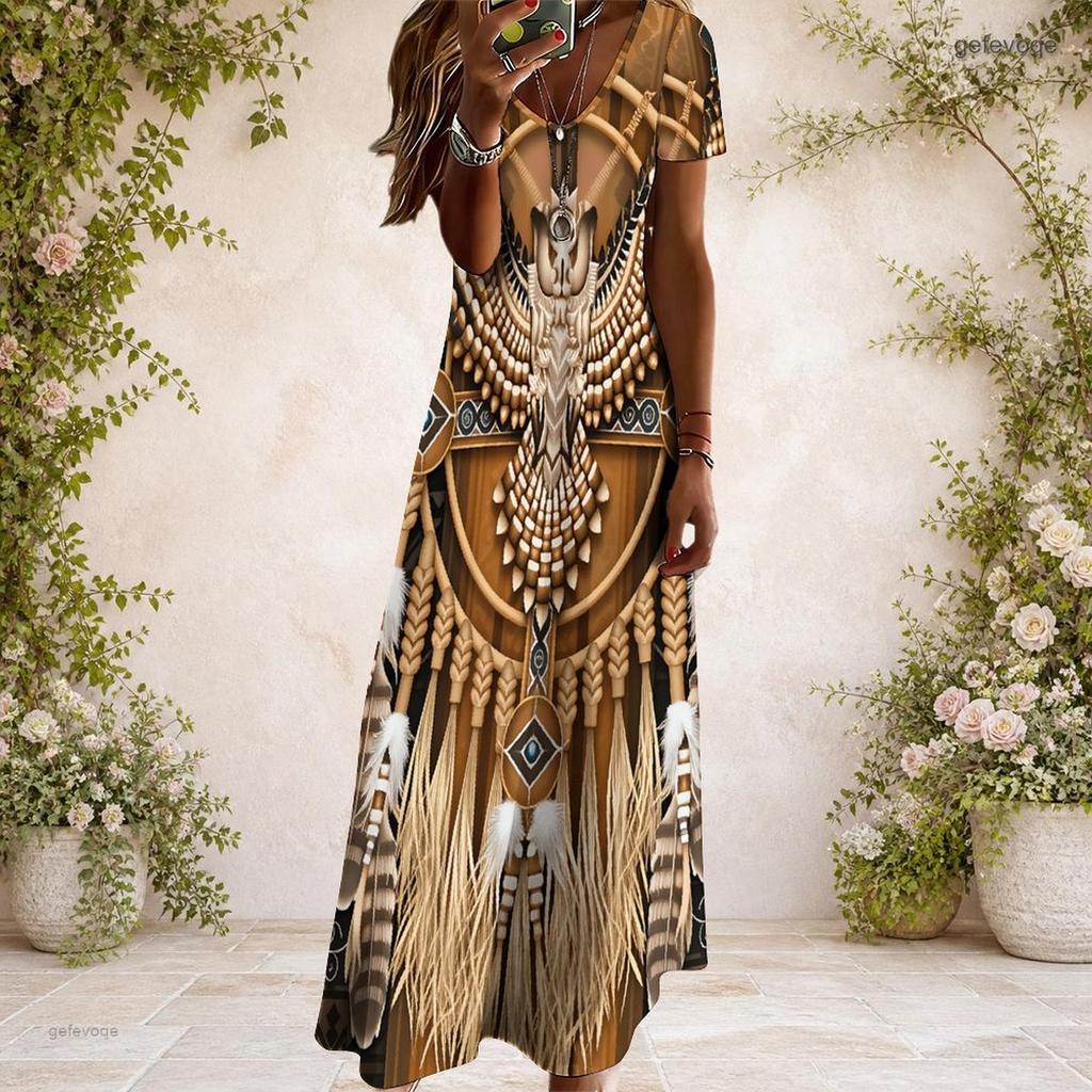 Women Plus Size V Neck Short Sleeve Brown Tribal Printed Straight Maxi Dress