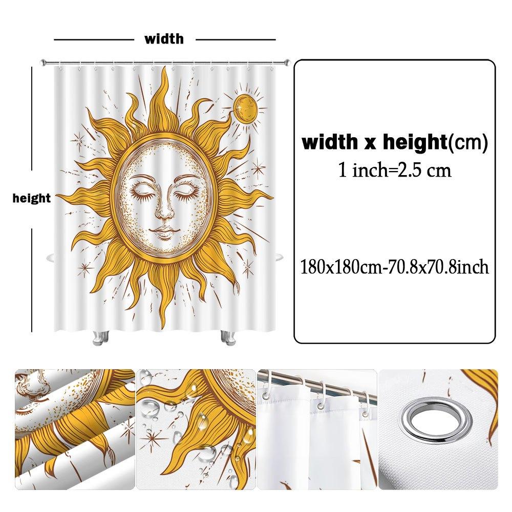 1pc Celestial Sun & Moon Shower Curtain - Feminine Art, Wavy Rays & Warm Yellow,  All-Season Decor